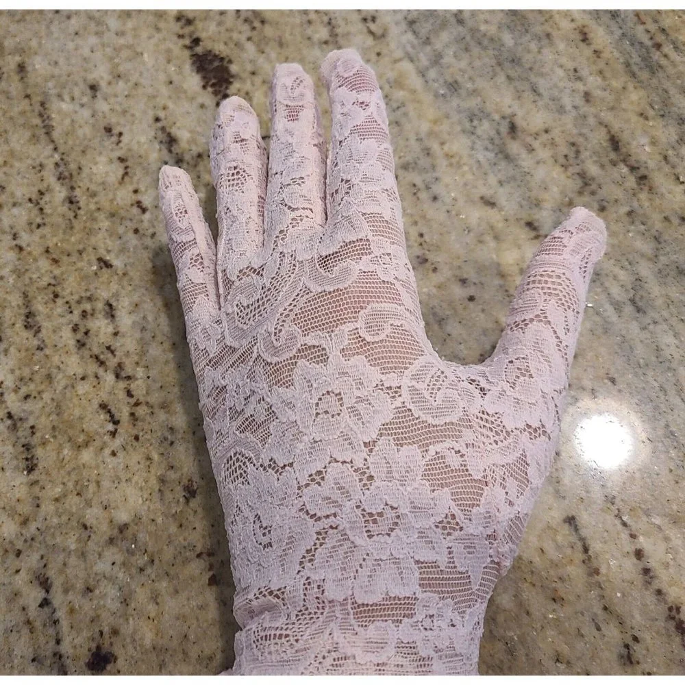 NEW! Vintage Size L Stretch Nylon Pink Lace Floral Formal Gloves 8